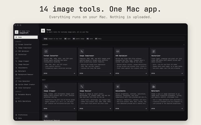 14 image tools, one Mac app: the ImageKraft home screen. Everything runs on your Mac