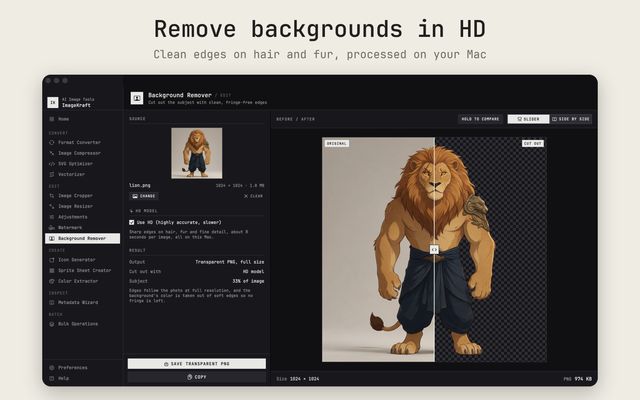 Remove backgrounds in HD: clean edges on hair and fur, processed on your Mac