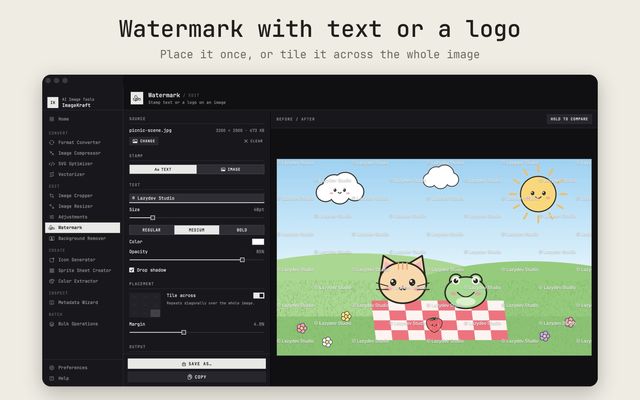 Watermark with text or a logo: place it once, or tile it across the whole image
