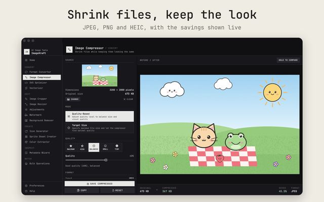 Shrink files, keep the look: JPEG, PNG and HEIC, with the savings shown live