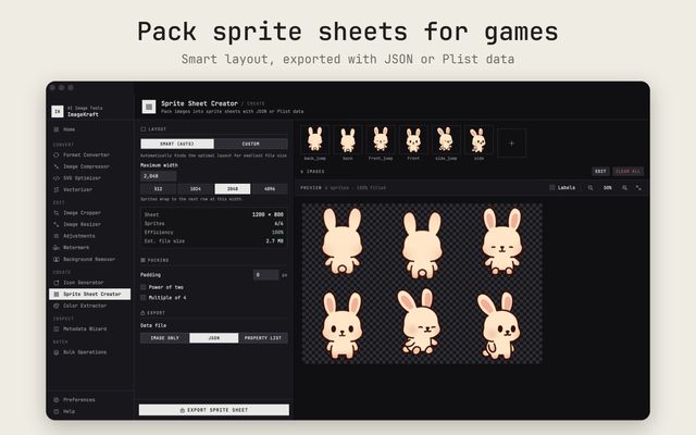 Pack sprite sheets for games: smart layout, exported with JSON or Plist data