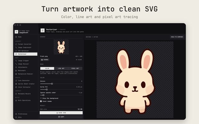 Turn artwork into clean SVG: color, line art and pixel art tracing