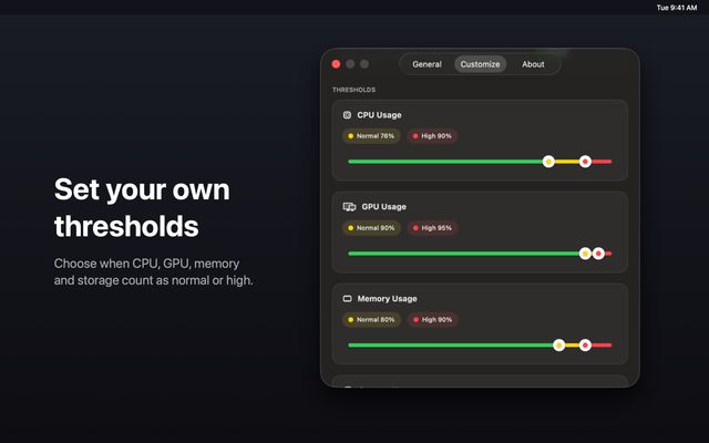 Set your own thresholds: choose when CPU, GPU, memory and storage count as normal or high
