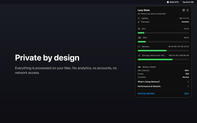 Private by design: everything is processed on your Mac, with no analytics, accounts or network access
