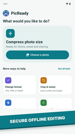 Secure offline editing: the PicReady home screen with Compress photo size and more tools