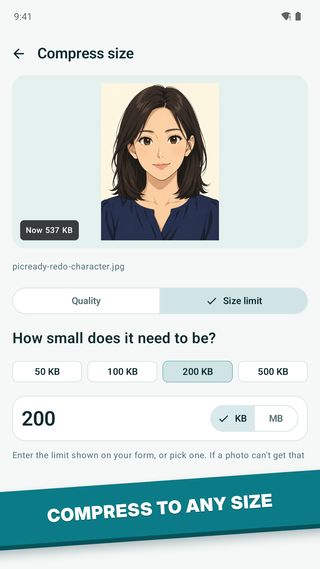 Compress to any size: pick a limit such as 200 KB and see that the photo will be under it