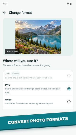 Convert photo formats: choose JPG, PNG, WebP or HEIC based on where the photo is going